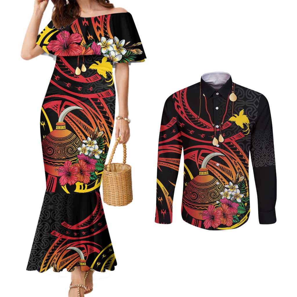 Personalized Milne Bay Couples Matching Mermaid Dress and Long Sleeve Button Shirt PNG Lime Pot with Oro Tapa