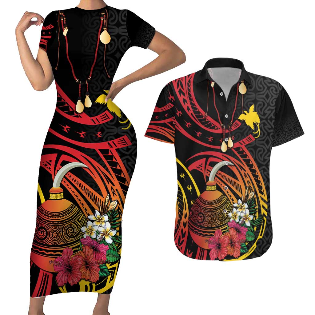 Personalized Milne Bay Couples Matching Short Sleeve Bodycon Dress and Hawaiian Shirt PNG Lime Pot with Oro Tapa