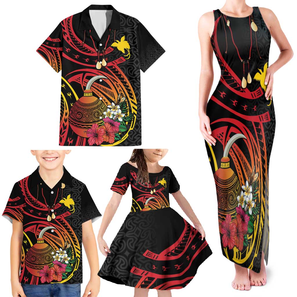 Personalized Milne Bay Family Matching Tank Maxi Dress and Hawaiian Shirt PNG Lime Pot with Oro Tapa