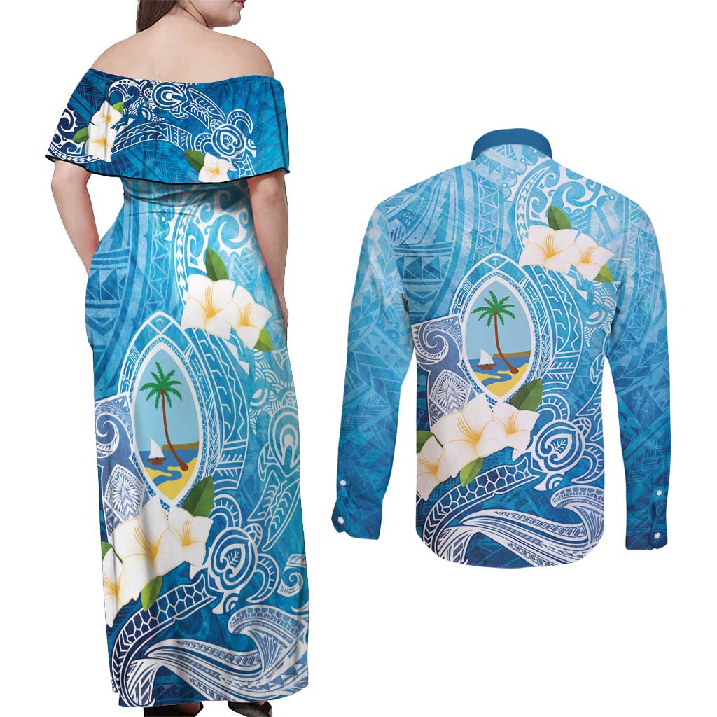 Hafa Adai Guam Chamorro Personalized Couples Matching Off Shoulder Maxi Dress and Long Sleeve Button Shirt Ocean Blue Latte Stone with Guasali - Polynesian Pride
