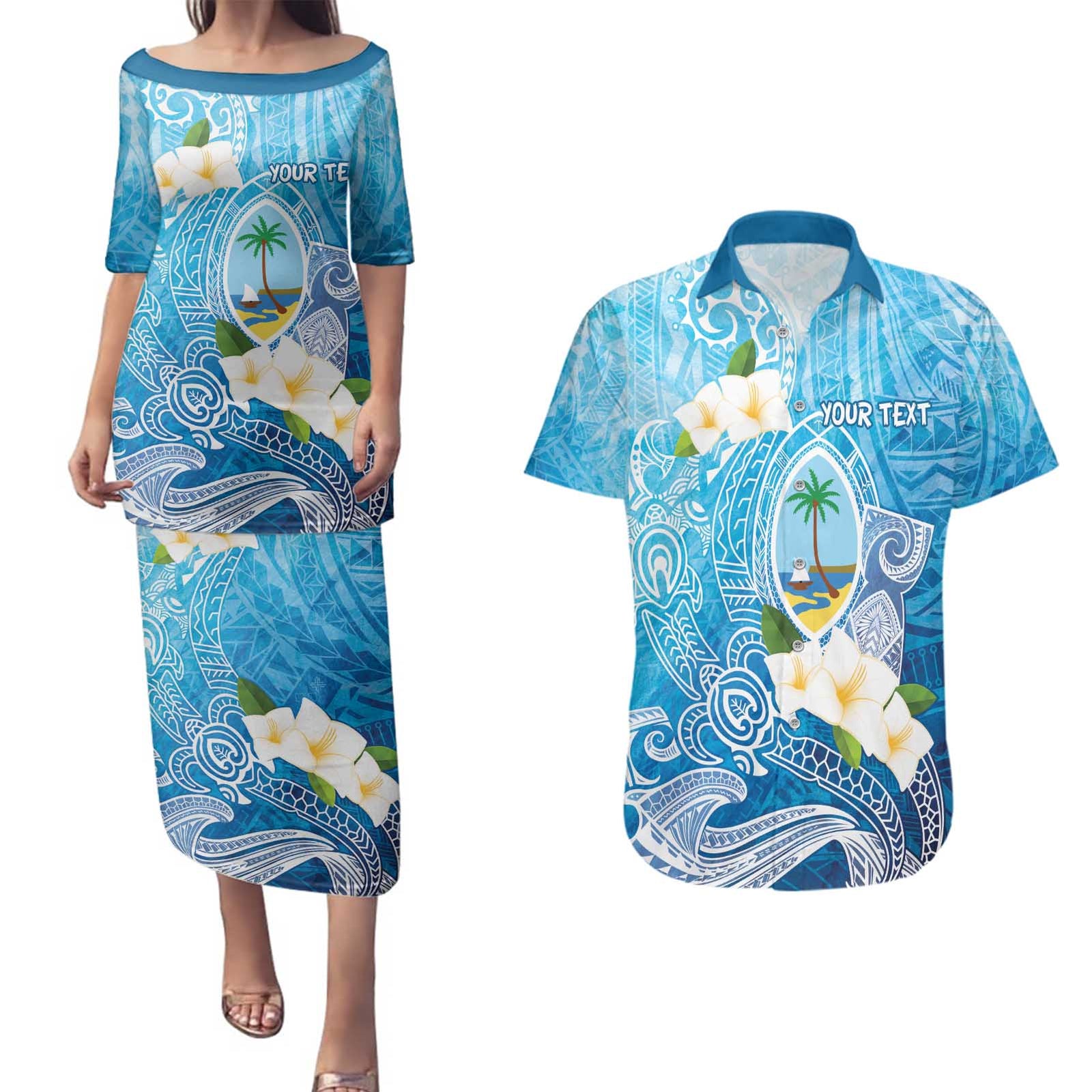 Hafa Adai Guam Chamorro Personalized Couples Matching Puletasi and Hawaiian Shirt Ocean Blue Latte Stone with Guasali - Polynesian Pride