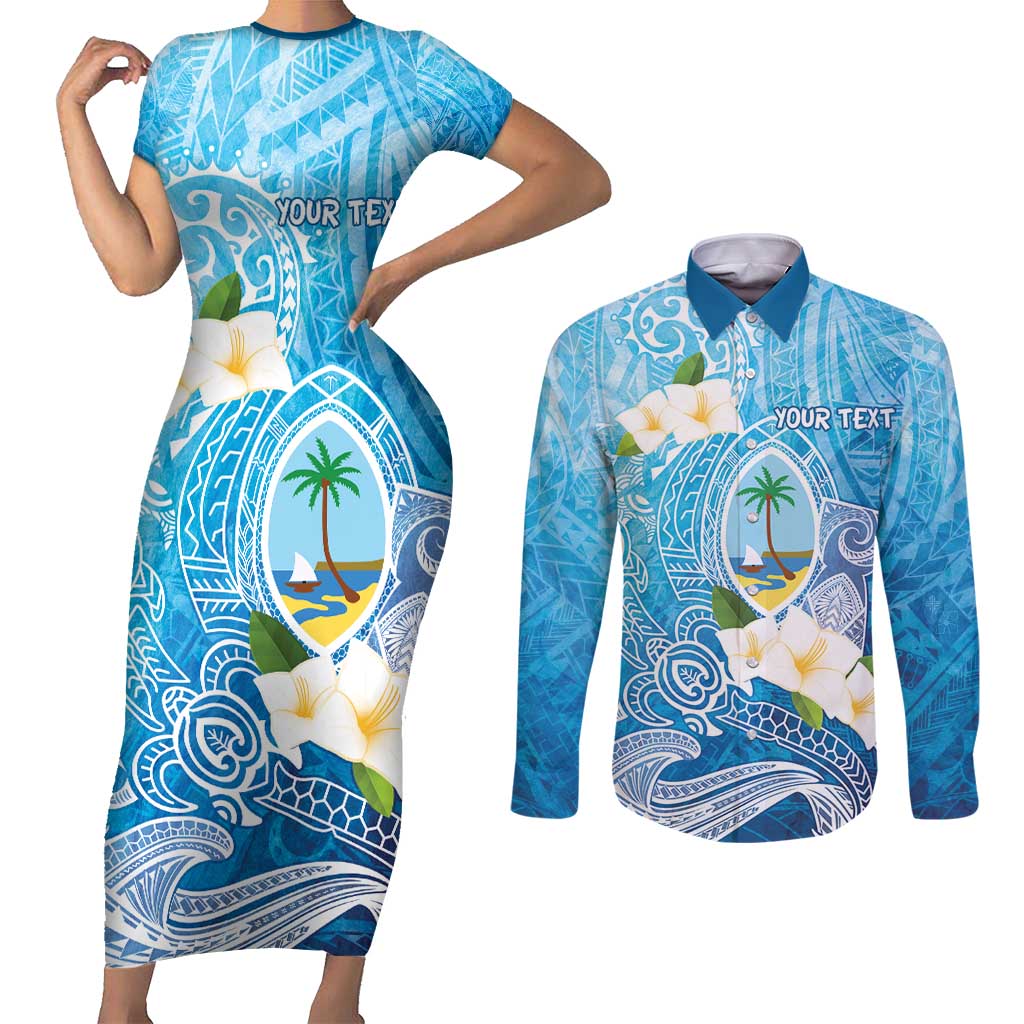 Hafa Adai Guam Chamorro Personalized Couples Matching Short Sleeve Bodycon Dress and Long Sleeve Button Shirt Ocean Blue Latte Stone with Guasali - Polynesian Pride