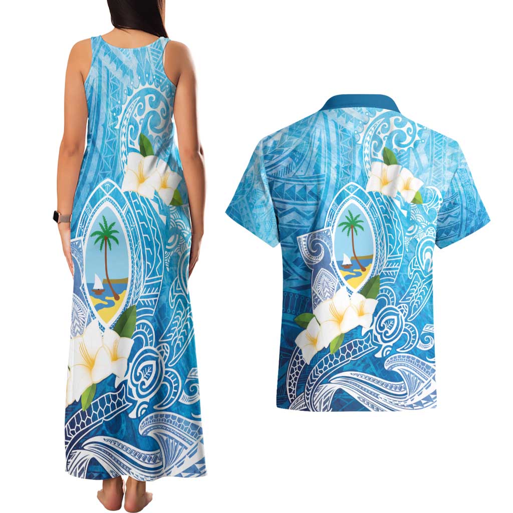 Hafa Adai Guam Chamorro Personalized Couples Matching Tank Maxi Dress and Hawaiian Shirt Ocean Blue Latte Stone with Guasali - Polynesian Pride