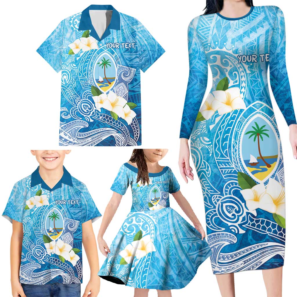 Hafa Adai Guam Chamorro Personalized Family Matching Long Sleeve Bodycon Dress and Hawaiian Shirt Ocean Blue Latte Stone with Guasali - Polynesian Pride