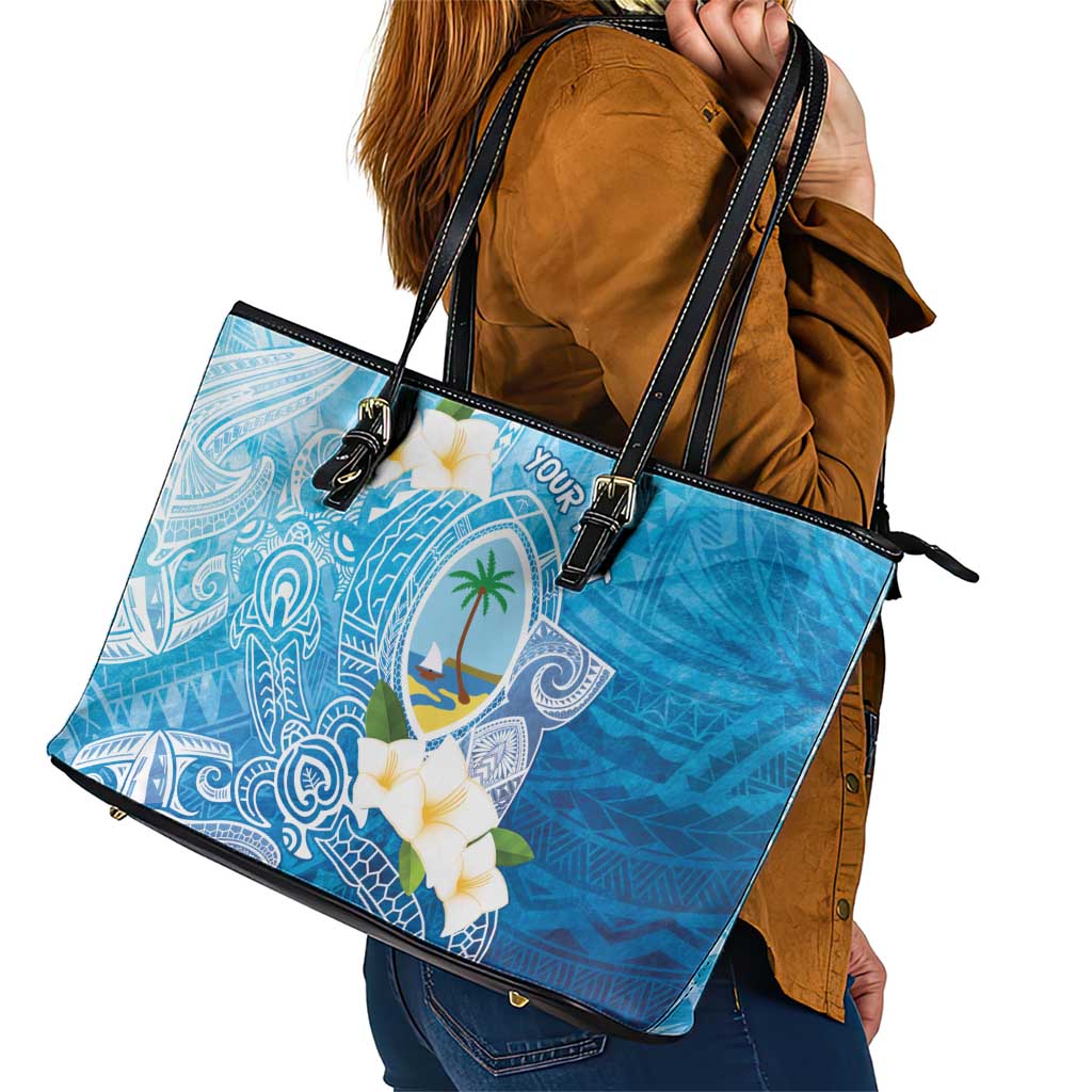 Hafa Adai Guam Chamorro Personalized Leather Tote Bag Ocean Blue Latte Stone with Guasali - Polynesian Pride