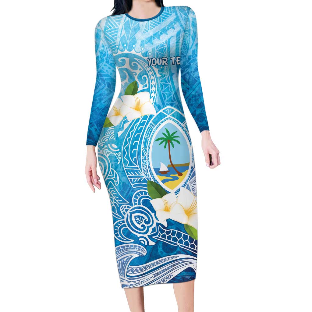 Hafa Adai Guam Chamorro Personalized Long Sleeve Bodycon Dress Ocean Blue Latte Stone with Guasali - Polynesian Pride