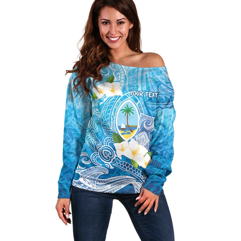 Hafa Adai Guam Chamorro Personalized Off Shoulder Sweater Ocean Blue Latte Stone with Guasali - Polynesian Pride