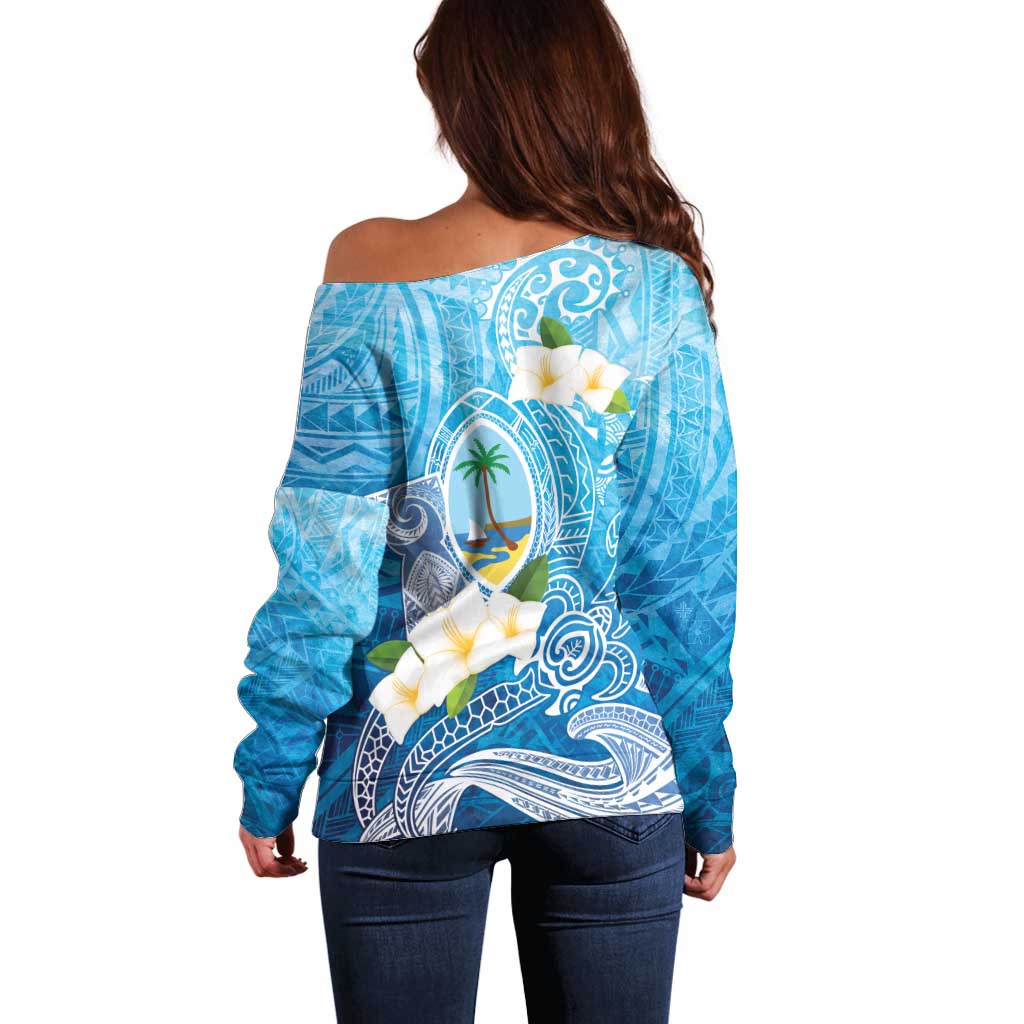 Hafa Adai Guam Chamorro Personalized Off Shoulder Sweater Ocean Blue Latte Stone with Guasali - Polynesian Pride