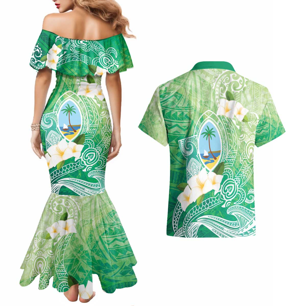 Hafa Adai Guam Chamorro Personalized Couples Matching Mermaid Dress and Hawaiian Shirt Summer Green Latte Stone with Guasali - Polynesian Pride