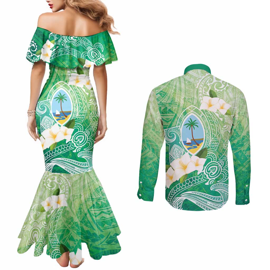 Hafa Adai Guam Chamorro Personalized Couples Matching Mermaid Dress and Long Sleeve Button Shirt Summer Green Latte Stone with Guasali - Polynesian Pride