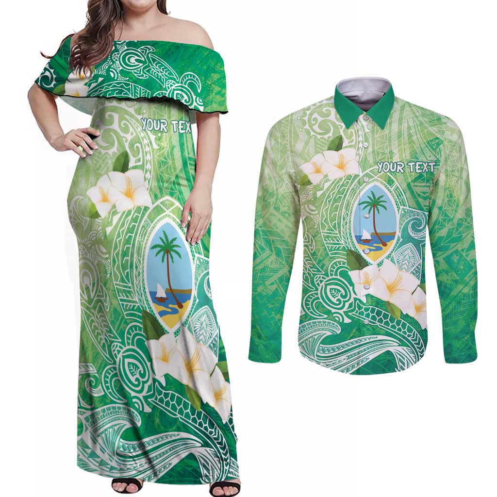 Hafa Adai Guam Chamorro Personalized Couples Matching Off Shoulder Maxi Dress and Long Sleeve Button Shirt Summer Green Latte Stone with Guasali - Polynesian Pride