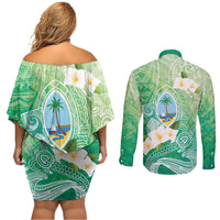 Hafa Adai Guam Chamorro Personalized Couples Matching Off Shoulder Short Dress and Long Sleeve Button Shirt Summer Green Latte Stone with Guasali - Polynesian Pride