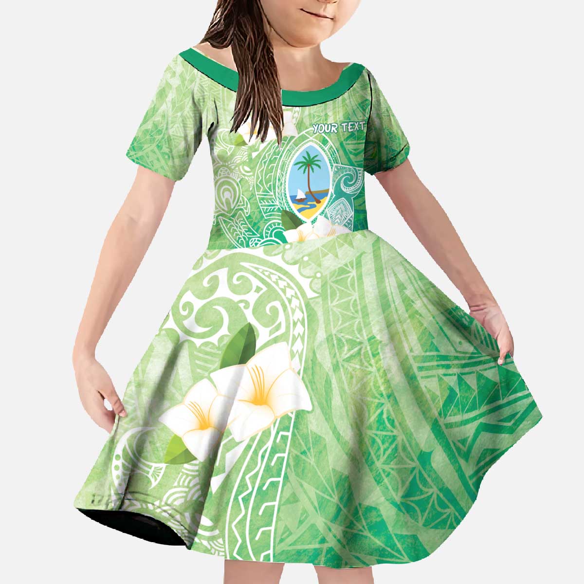 Hafa Adai Guam Chamorro Personalized Family Matching Off The Shoulder Long Sleeve Dress and Hawaiian Shirt Summer Green Latte Stone with Guasali - Polynesian Pride
