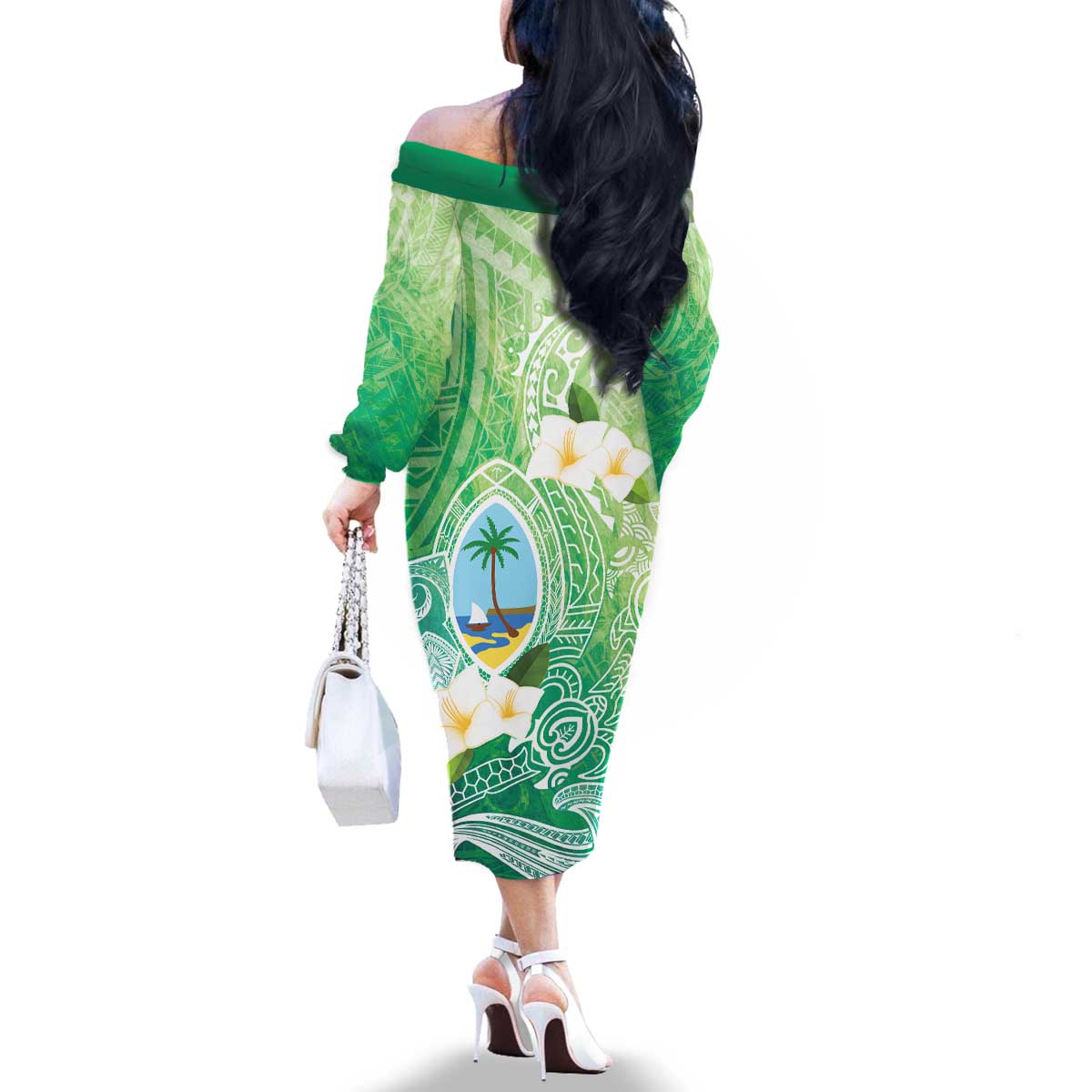 Hafa Adai Guam Chamorro Personalized Family Matching Off The Shoulder Long Sleeve Dress and Hawaiian Shirt Summer Green Latte Stone with Guasali - Polynesian Pride