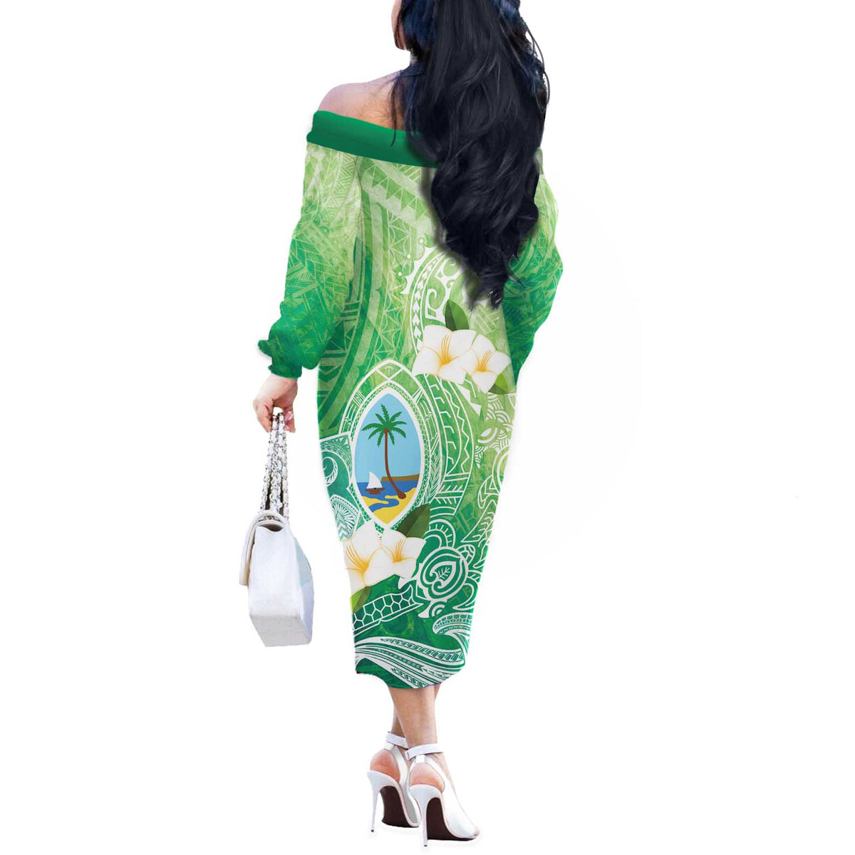 Hafa Adai Guam Chamorro Personalized Off The Shoulder Long Sleeve Dress Summer Green Latte Stone with Guasali - Polynesian Pride
