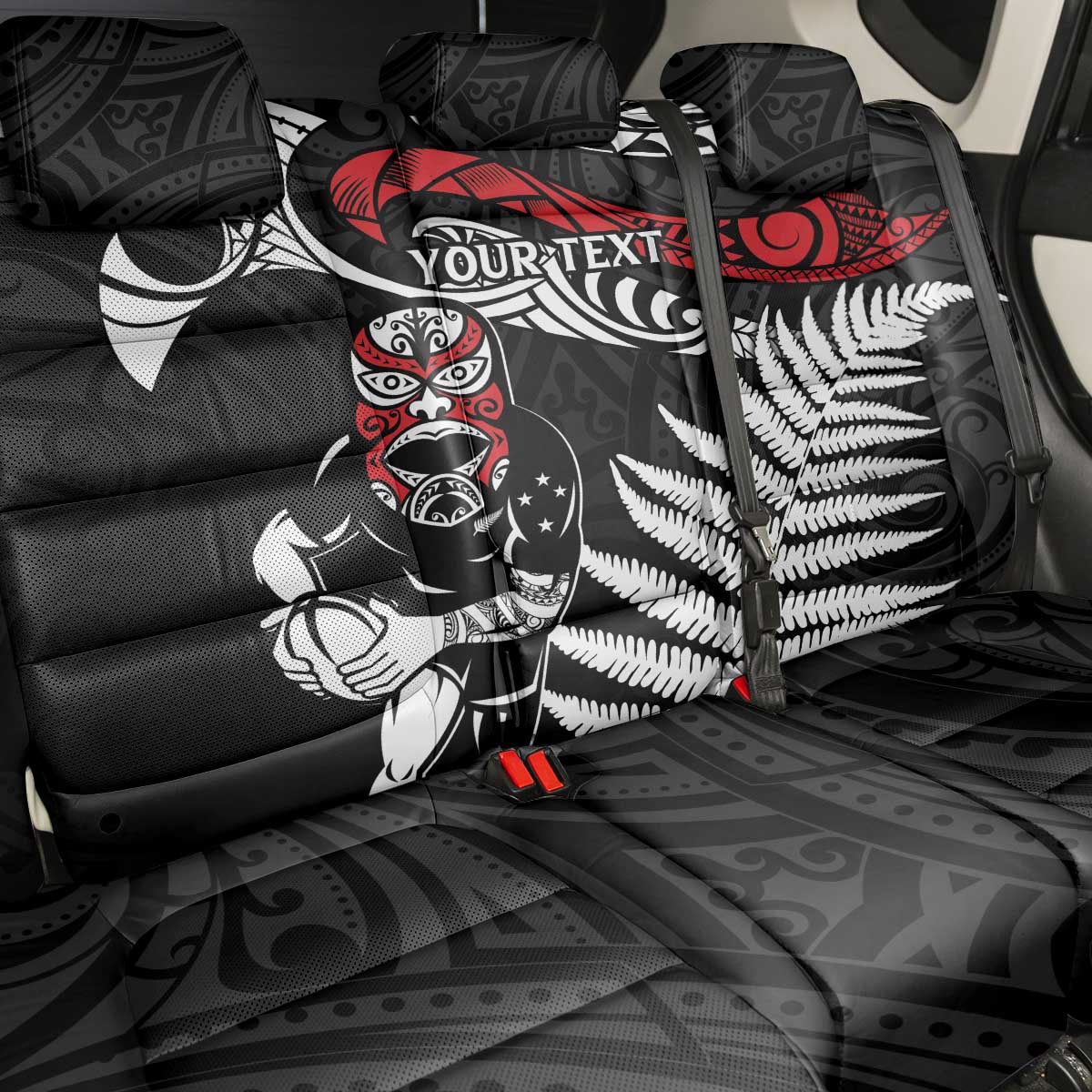 New Zealand Maori Rugby Personalised Back Car Seat Cover Ta Moko Silver Fern