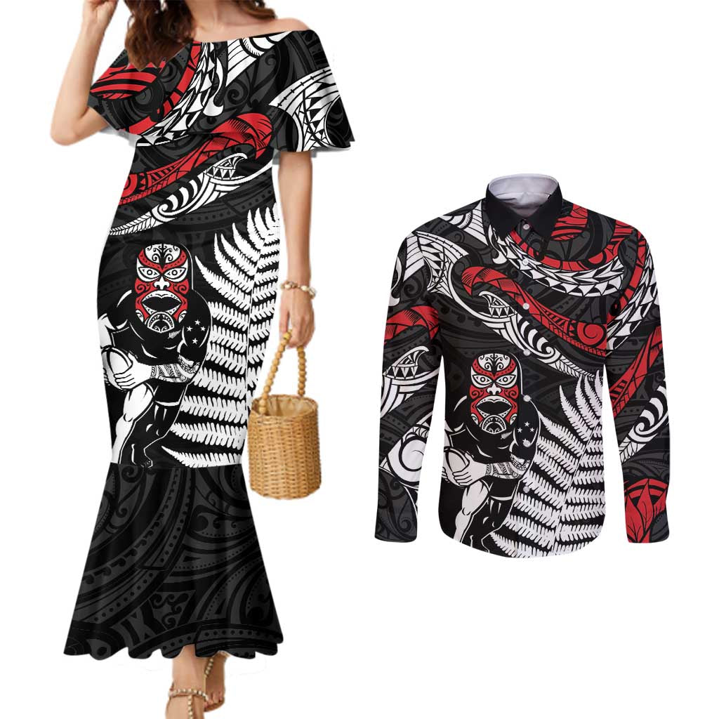New Zealand Maori Rugby Personalised Couples Matching Mermaid Dress and Long Sleeve Button Shirt Ta Moko Silver Fern LT7 Black - Polynesian Pride