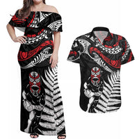 New Zealand Maori Rugby Personalised Couples Matching Off Shoulder Maxi Dress and Hawaiian Shirt Ta Moko Silver Fern