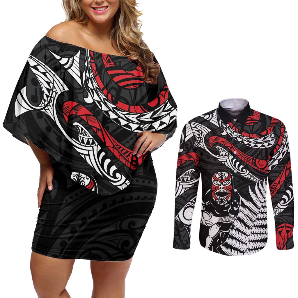 New Zealand Maori Rugby Personalised Couples Matching Off Shoulder Short Dress and Long Sleeve Button Shirt Ta Moko Silver Fern LT7 Black - Polynesian Pride