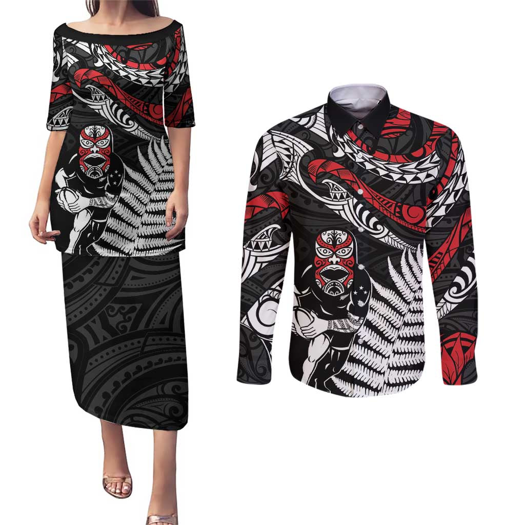 New Zealand Maori Rugby Personalised Couples Matching Puletasi and Long Sleeve Button Shirt Ta Moko Silver Fern LT7 Black - Polynesian Pride
