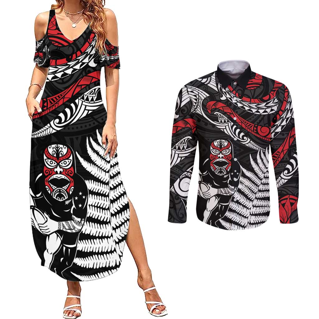 New Zealand Maori Rugby Personalised Couples Matching Summer Maxi Dress and Long Sleeve Button Shirt Ta Moko Silver Fern LT7 Black - Polynesian Pride