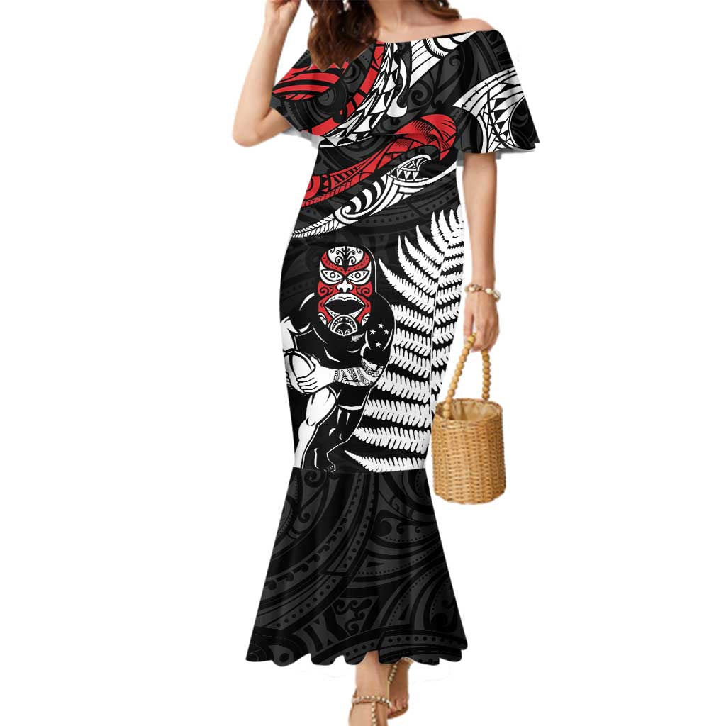 New Zealand Maori Rugby Personalised Family Matching Mermaid Dress and Hawaiian Shirt Ta Moko Silver Fern LT7 Mom's Dress Black - Polynesian Pride