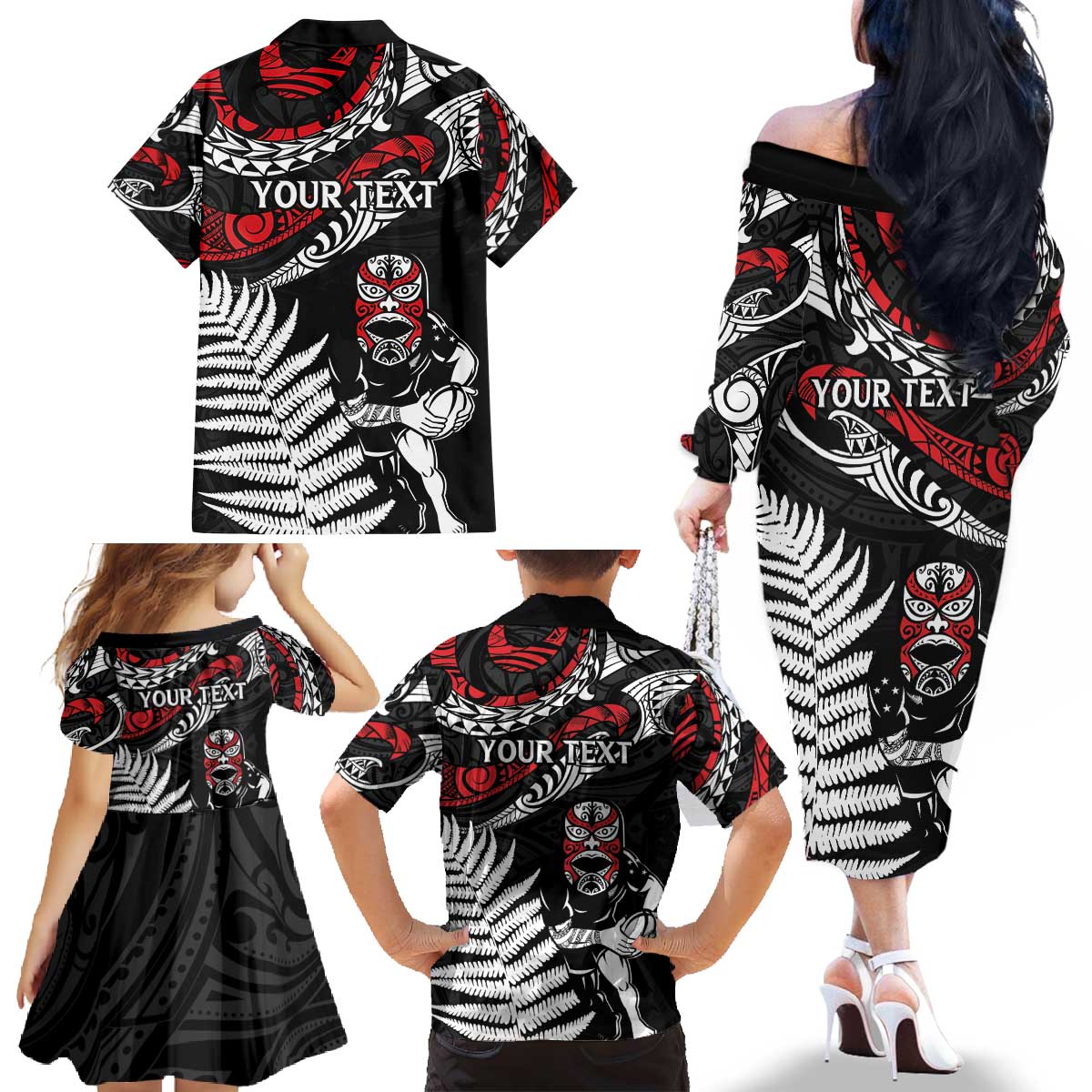 New Zealand Maori Rugby Personalised Family Matching Off The Shoulder Long Sleeve Dress and Hawaiian Shirt Ta Moko Silver Fern
