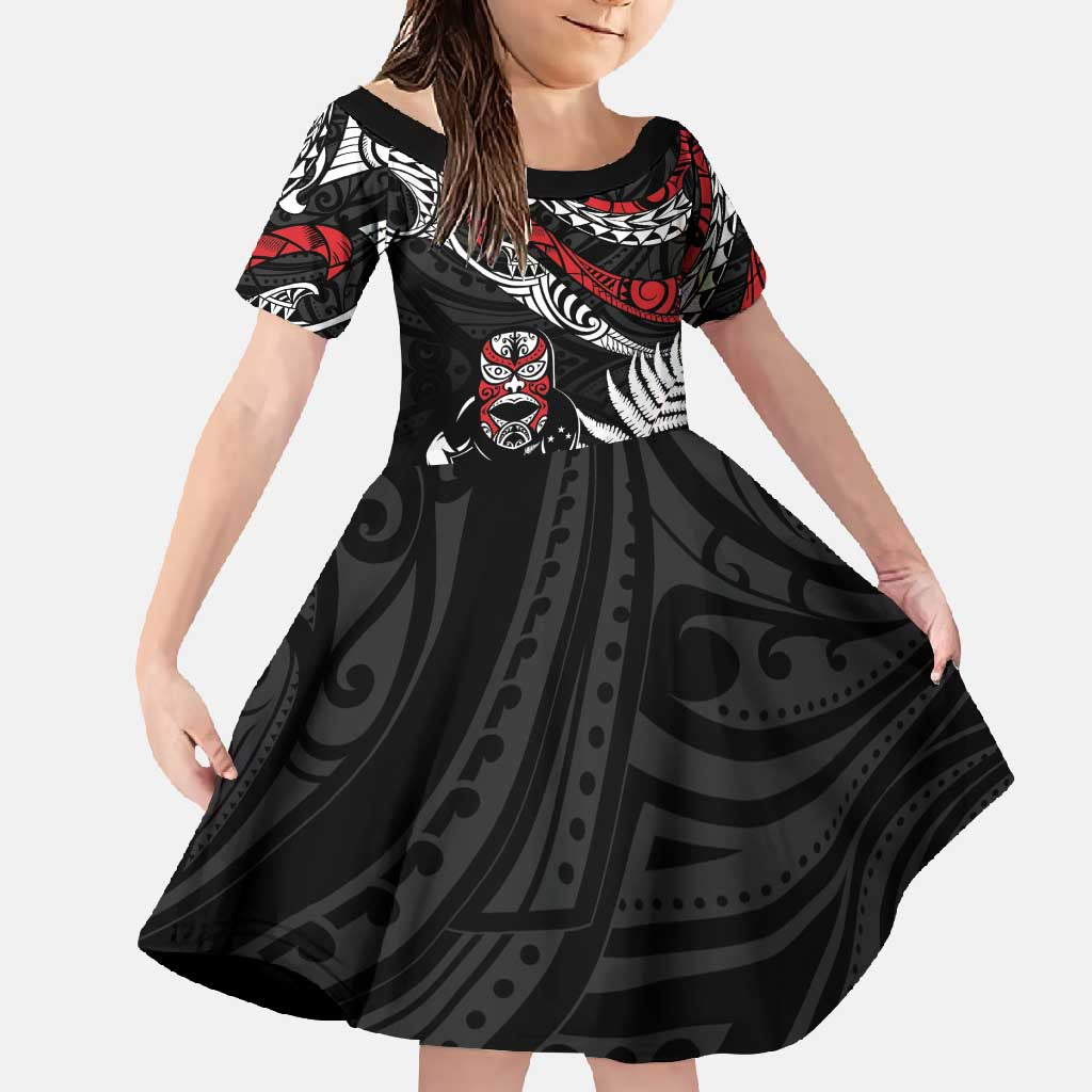 New Zealand Maori Rugby Personalised Family Matching Off Shoulder Maxi Dress and Hawaiian Shirt Ta Moko Silver Fern LT7 Daughter's Dress Black - Polynesian Pride