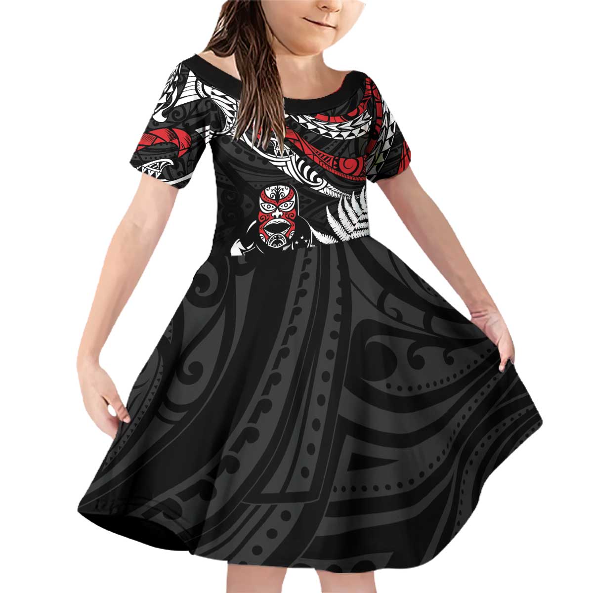 New Zealand Maori Rugby Personalised Family Matching Off Shoulder Short Dress and Hawaiian Shirt Ta Moko Silver Fern LT7 Daughter's Dress Black - Polynesian Pride