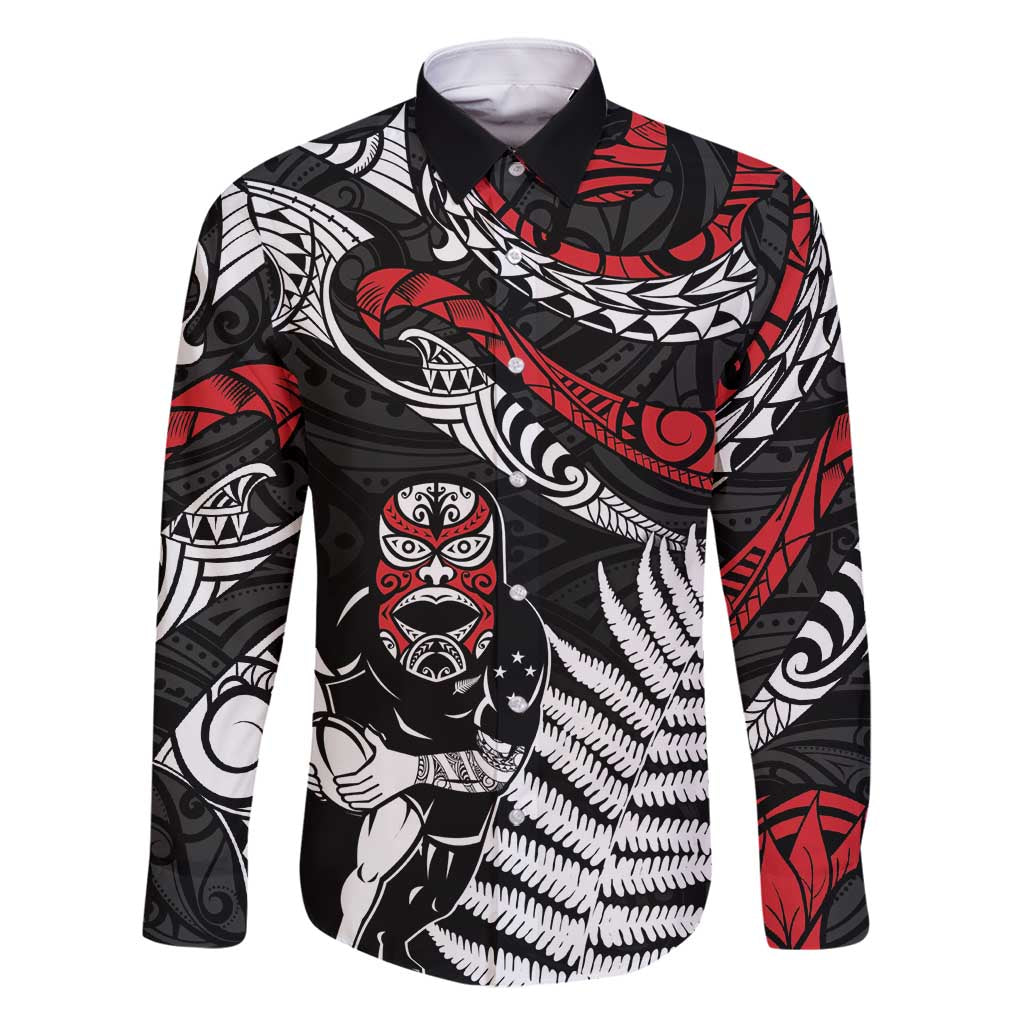 New Zealand Maori Rugby Personalised Family Matching Summer Maxi Dress and Hawaiian Shirt Ta Moko Silver Fern LT7 Dad's Shirt - Long Sleeve Black - Polynesian Pride