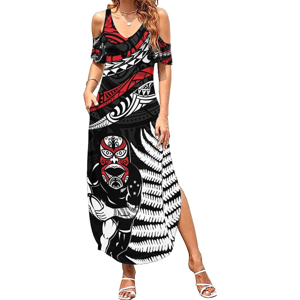 New Zealand Maori Rugby Personalised Family Matching Summer Maxi Dress and Hawaiian Shirt Ta Moko Silver Fern LT7 Mom's Dress Black - Polynesian Pride