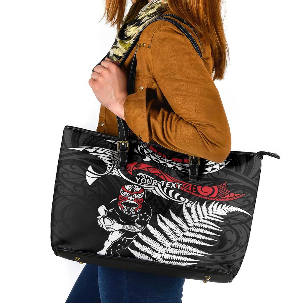 New Zealand Maori Rugby Personalised Leather Tote Bag Ta Moko Silver Fern LT7 Black - Polynesian Pride