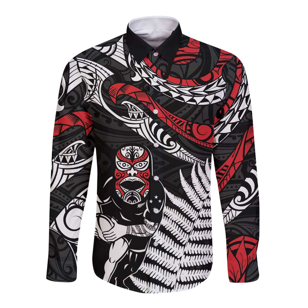 New Zealand Maori Rugby Personalised Long Sleeve Button Shirt Ta Moko Silver Fern LT7 Unisex Black - Polynesian Pride