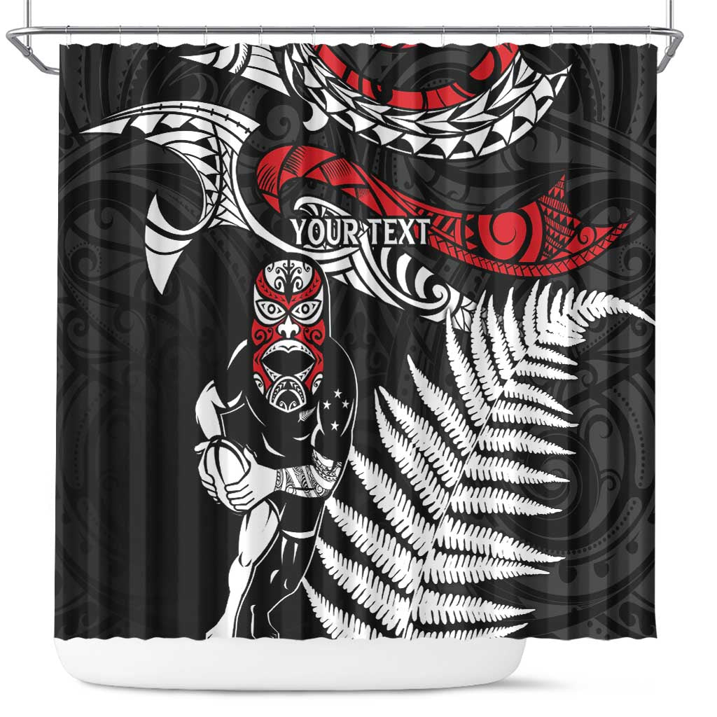 New Zealand Maori Rugby Personalised Shower Curtain Ta Moko Silver Fern LT7 Black - Polynesian Pride