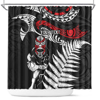 New Zealand Maori Rugby Personalised Shower Curtain Ta Moko Silver Fern LT7 Black - Polynesian Pride