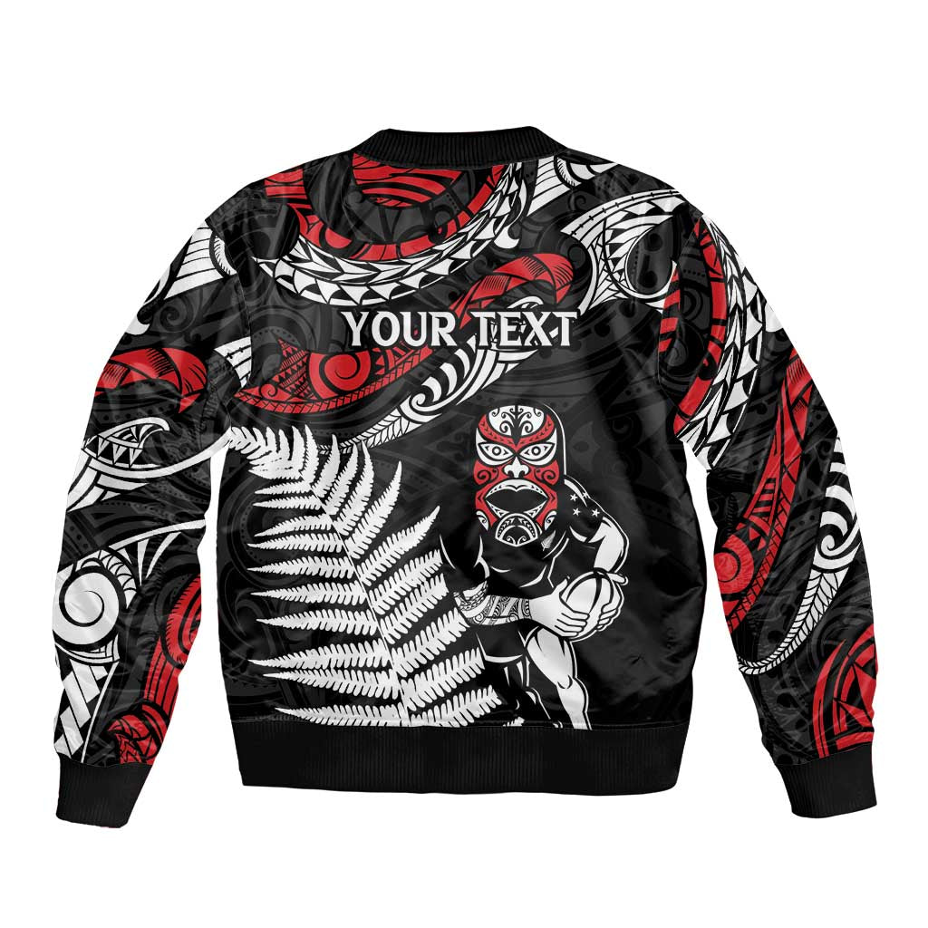 New Zealand Maori Rugby Personalised Sleeve Zip Bomber Jacket Ta Moko Silver Fern