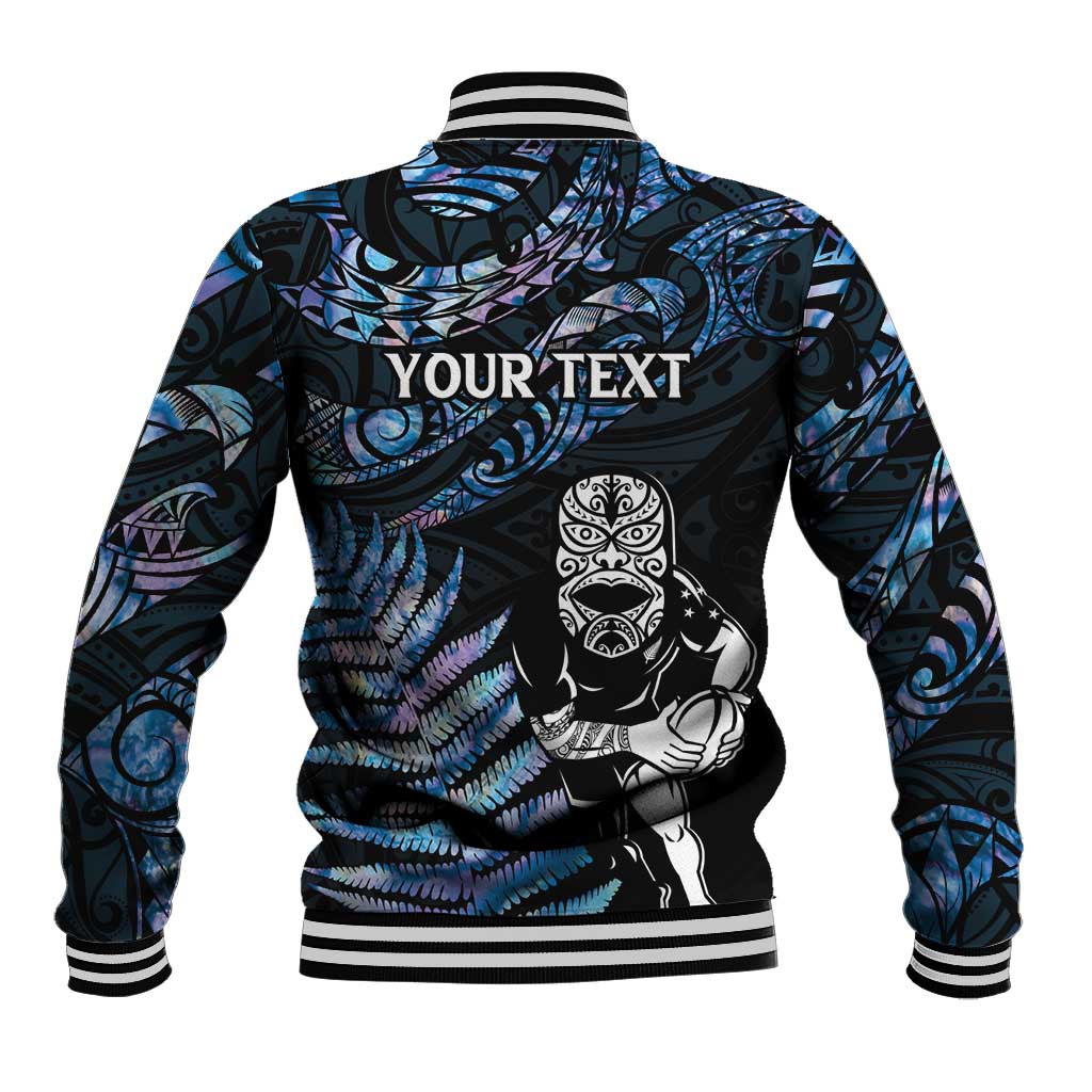New Zealand Maori Rugby Personalised Baseball Jacket Ta Moko Silver Fern - Paua Blue LT7 - Polynesian Pride