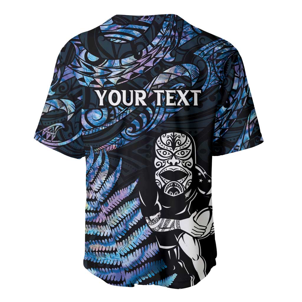 New Zealand Maori Rugby Personalised Baseball Jersey Ta Moko Silver Fern - Paua Blue LT7 - Polynesian Pride