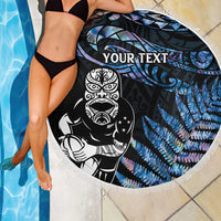 New Zealand Maori Rugby Personalised Beach Blanket Ta Moko Silver Fern - Paua Blue