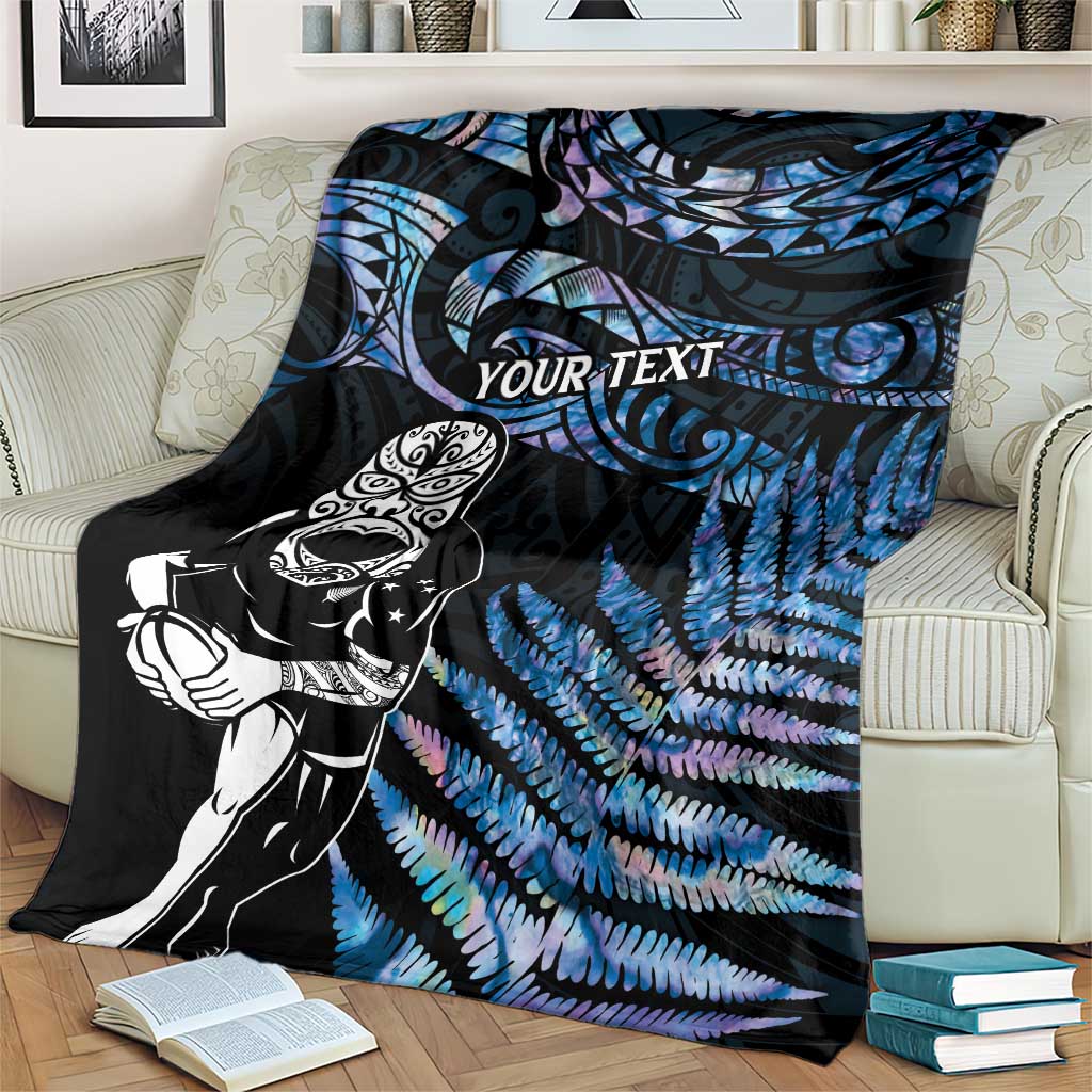 New Zealand Maori Rugby Personalised Blanket Ta Moko Silver Fern - Paua Blue