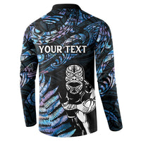 New Zealand Maori Rugby Personalised Button Sweatshirt Ta Moko Silver Fern - Paua Blue