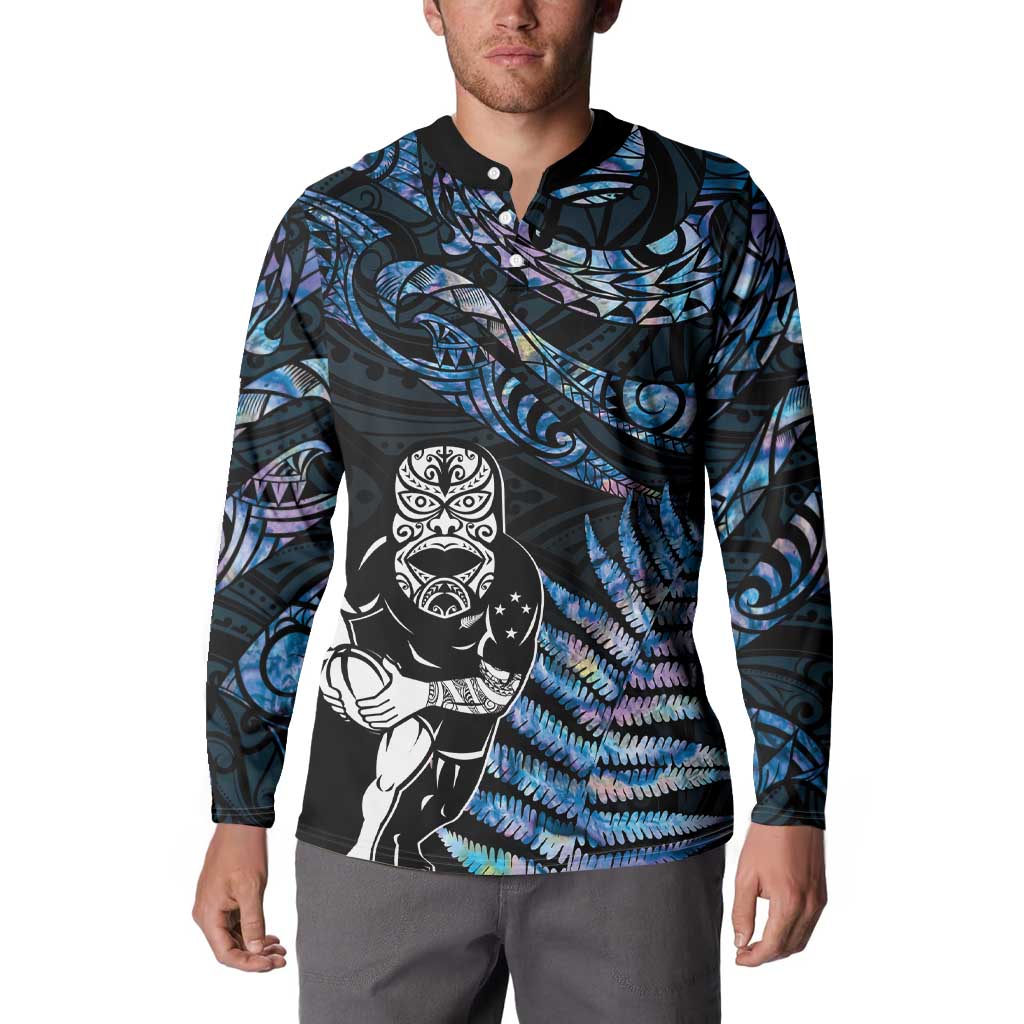 New Zealand Maori Rugby Personalised Button Sweatshirt Ta Moko Silver Fern - Paua Blue
