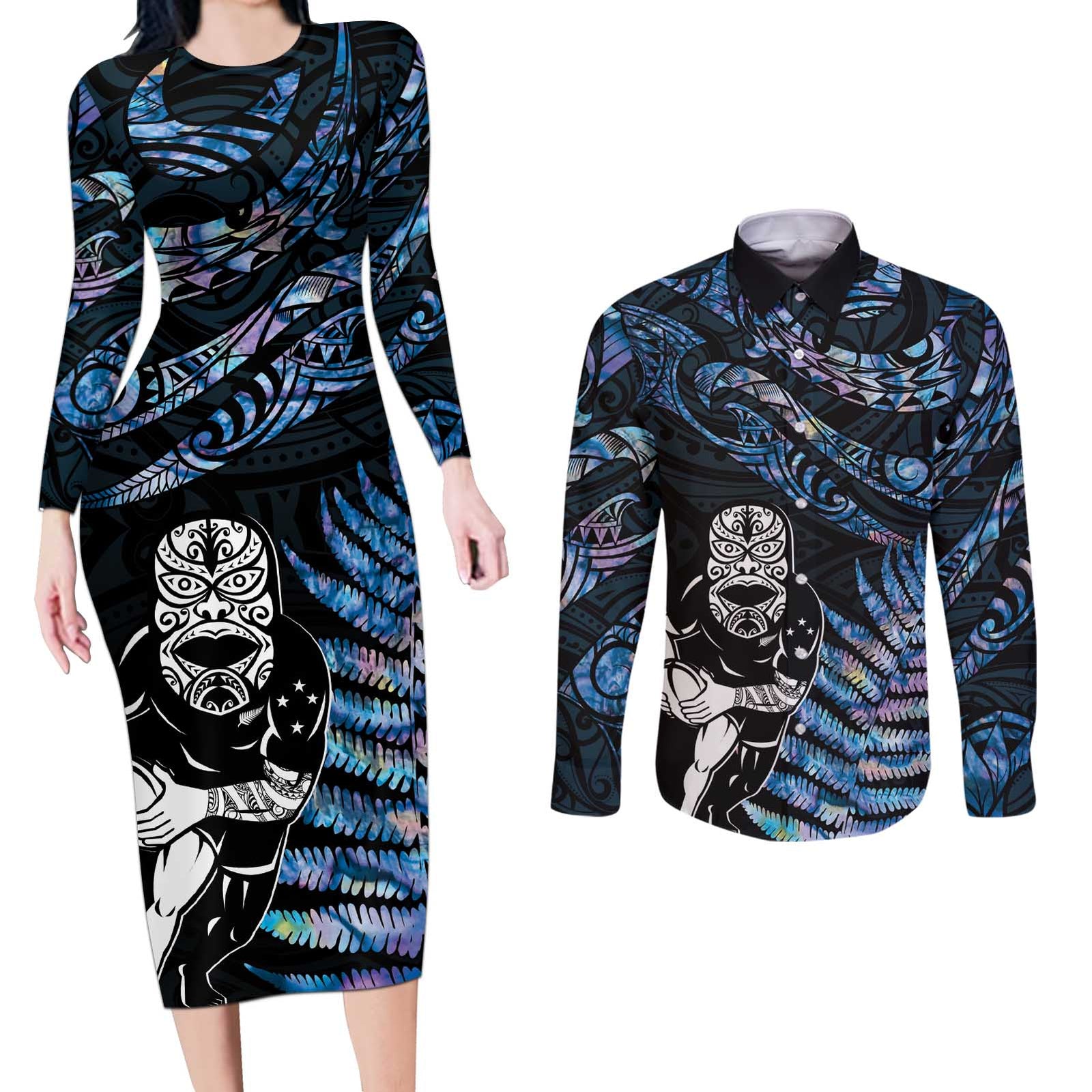 New Zealand Maori Rugby Personalised Couples Matching Long Sleeve Bodycon Dress and Long Sleeve Button Shirt Ta Moko Silver Fern - Paua Blue LT7 Blue - Polynesian Pride