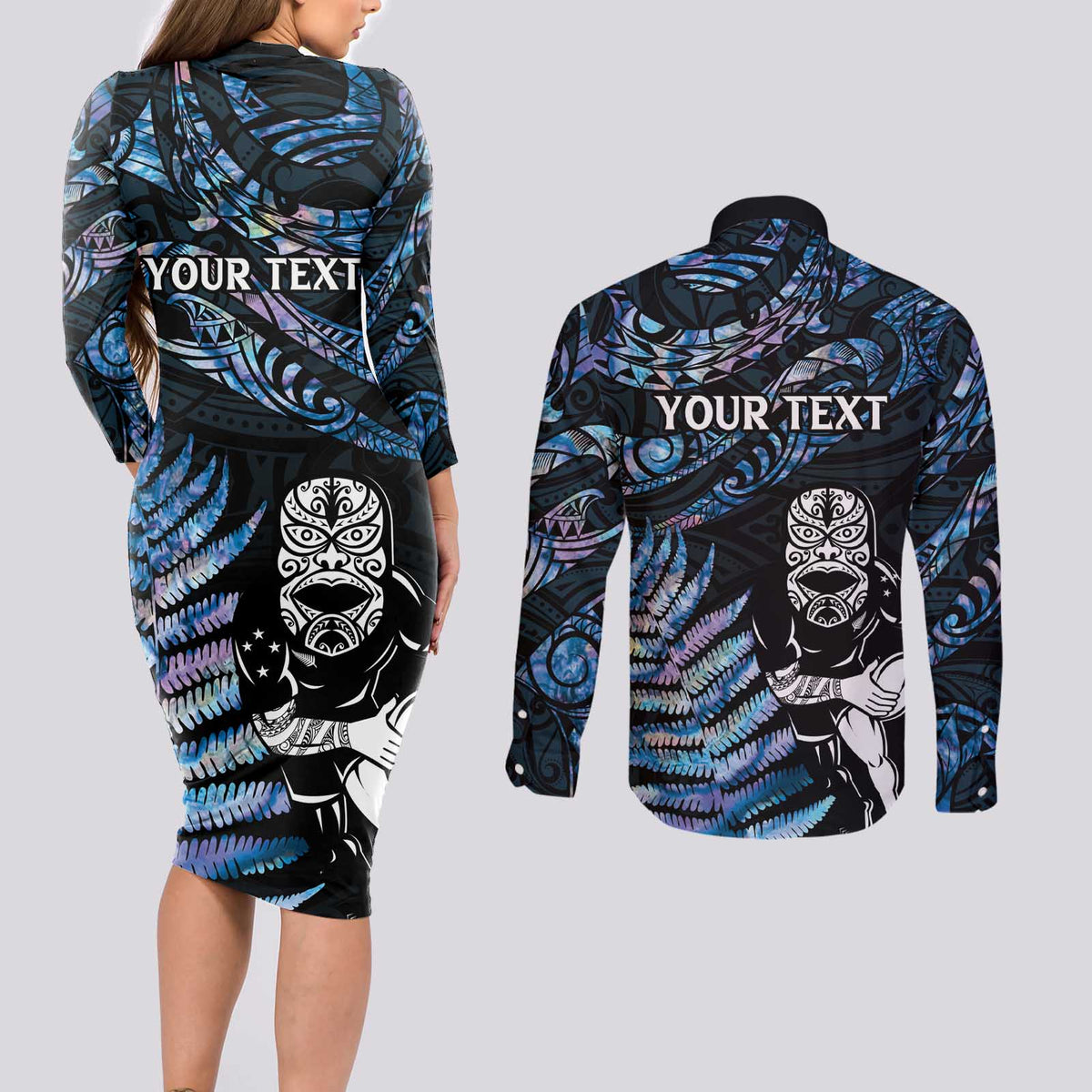 New Zealand Maori Rugby Personalised Couples Matching Long Sleeve Bodycon Dress and Long Sleeve Button Shirt Ta Moko Silver Fern - Paua Blue LT7 - Polynesian Pride