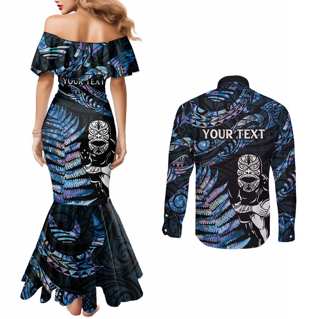 New Zealand Maori Rugby Personalised Couples Matching Mermaid Dress and Long Sleeve Button Shirt Ta Moko Silver Fern - Paua Blue LT7 - Polynesian Pride