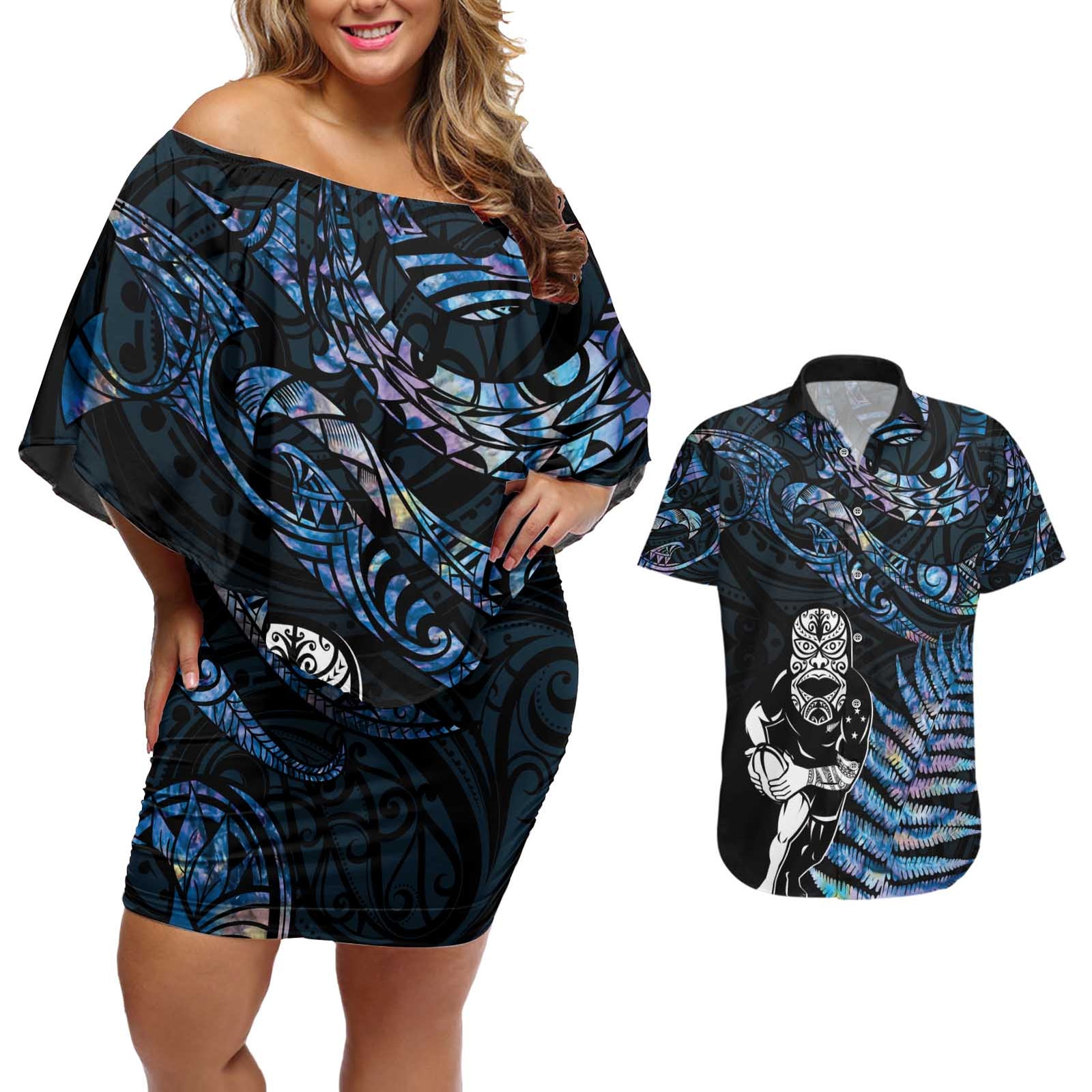 New Zealand Maori Rugby Personalised Couples Matching Off Shoulder Short Dress and Hawaiian Shirt Ta Moko Silver Fern - Paua Blue LT7 Blue - Polynesian Pride