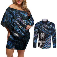 New Zealand Maori Rugby Personalised Couples Matching Off Shoulder Short Dress and Long Sleeve Button Shirt Ta Moko Silver Fern - Paua Blue LT7 Blue - Polynesian Pride
