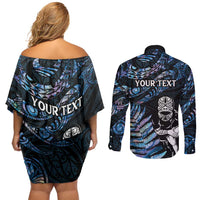 New Zealand Maori Rugby Personalised Couples Matching Off Shoulder Short Dress and Long Sleeve Button Shirt Ta Moko Silver Fern - Paua Blue LT7 - Polynesian Pride