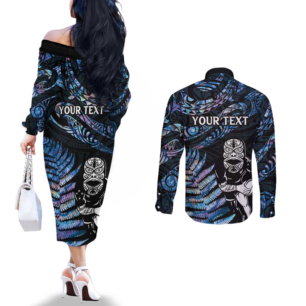 New Zealand Maori Rugby Personalised Couples Matching Off The Shoulder Long Sleeve Dress and Long Sleeve Button Shirt Ta Moko Silver Fern - Paua Blue LT7 - Polynesian Pride
