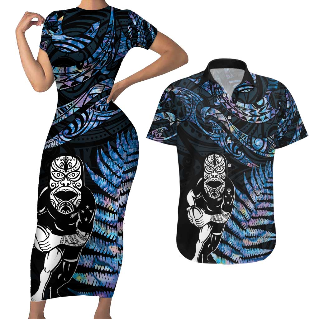 New Zealand Maori Rugby Personalised Couples Matching Short Sleeve Bodycon Dress and Hawaiian Shirt Ta Moko Silver Fern - Paua Blue